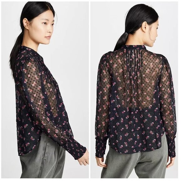 Free People Flowers in December Blouse Sheer Floral Black Combo Small - Picture 2 of 7
